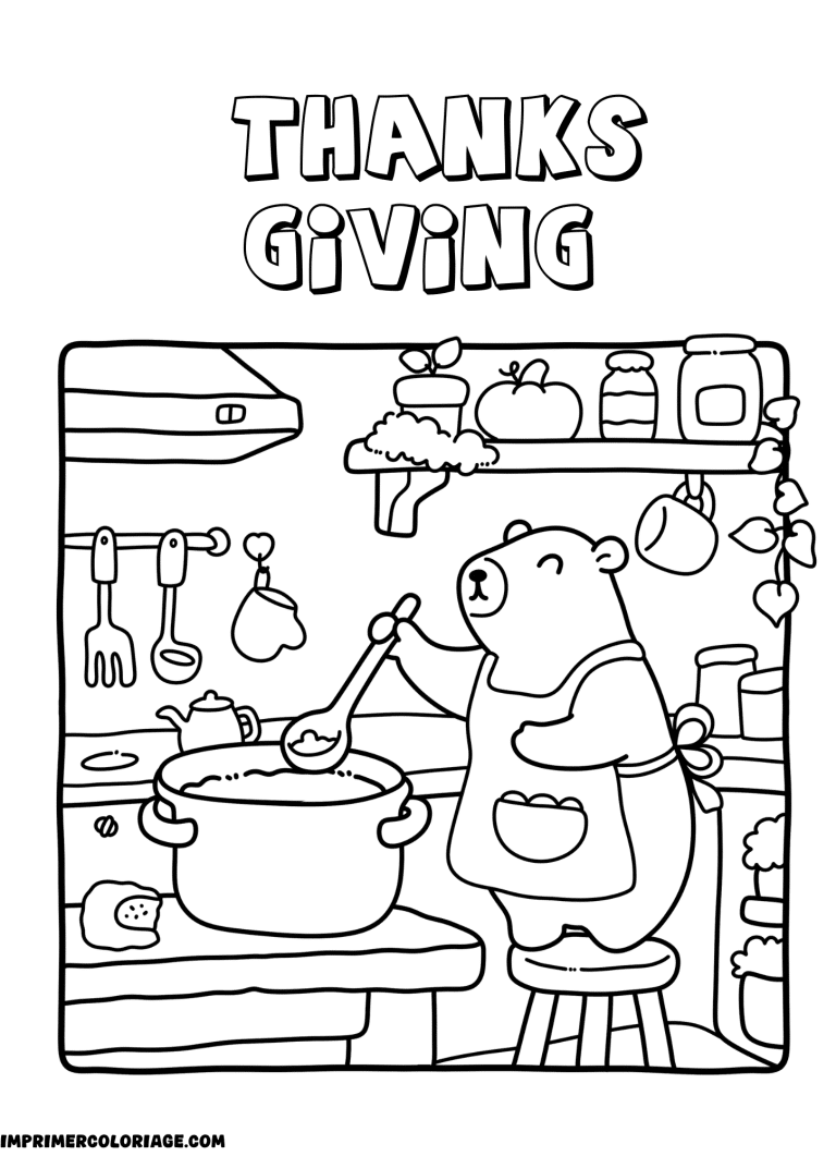 coloriage Thanksgiving famille autour de la table - dessin gratuit &agrave; imprimer