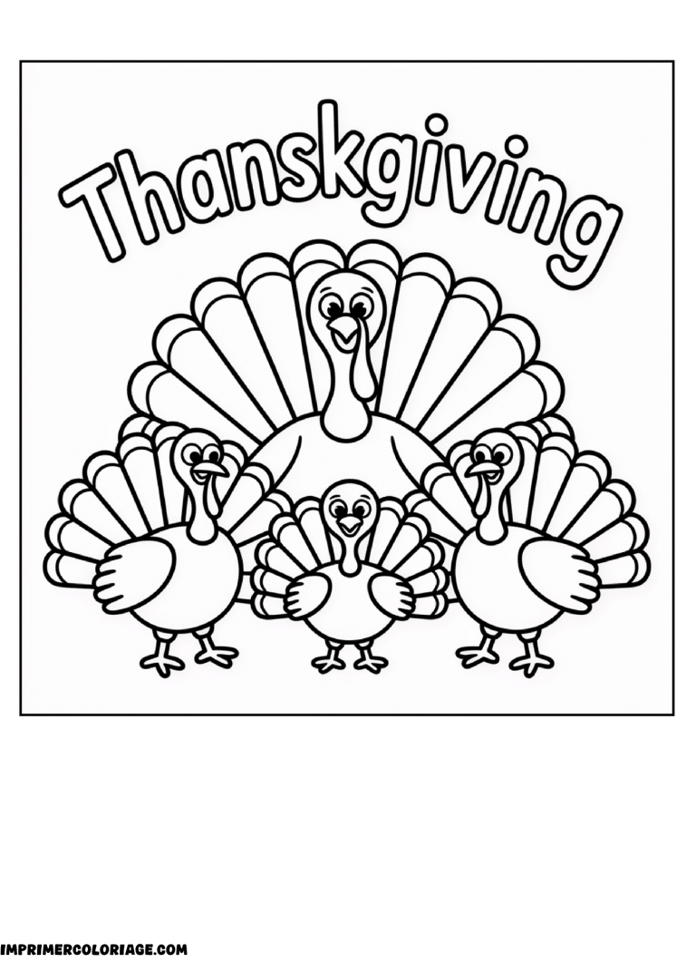 coloriage Thanksgiving famille de dinde - dessin gratuit &agrave; imprimer