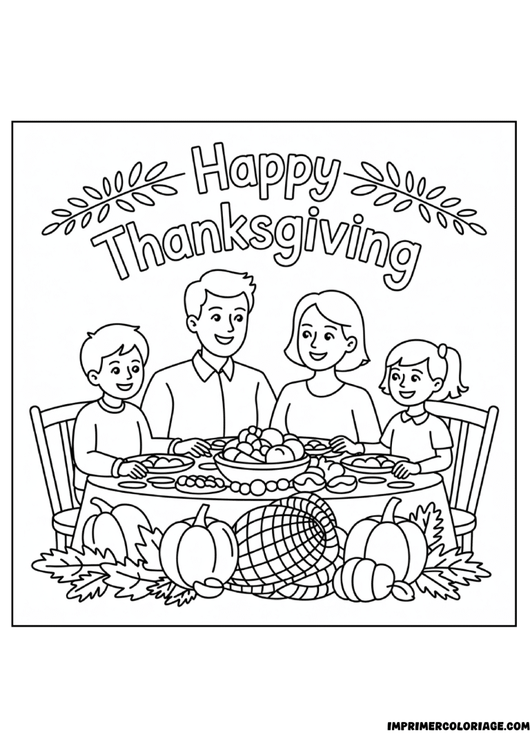 coloriage Thanksgiving repas en famille - dessin gratuit &agrave; imprimer