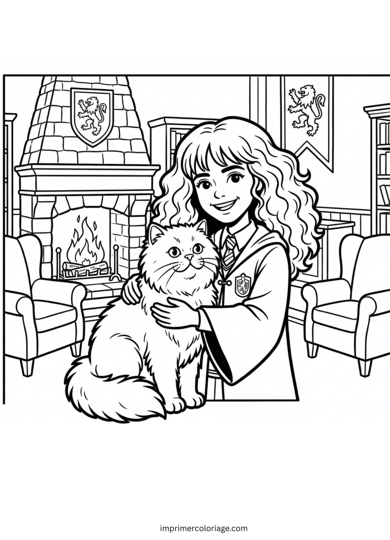 Coloriage de HERMIONE AVEC SON CHAT - dessin gratuit &agrave; imprimer