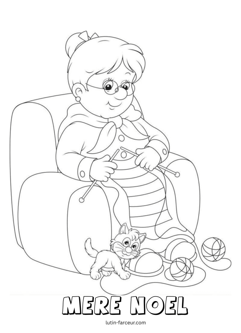 Coloriage de m&egrave;re Noel qui tricotte - dessin gratuit &agrave; imprimer