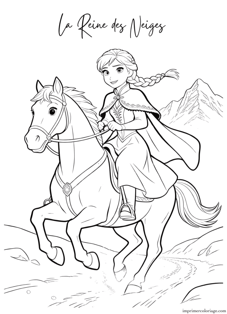 Coloriage magie la reine des neiges qui galope sur un cheval - dessin gratuit &agrave; imprimer