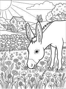 coloriage ane broute prairie moulin - dessin gratuit à imprimer