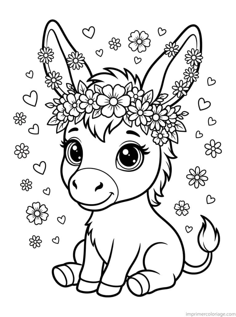 coloriage ane cute couronne fleurs - dessin gratuit &agrave; imprimer