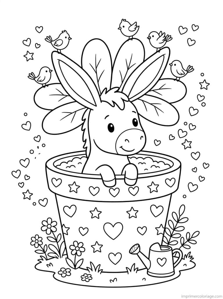 coloriage ane kawaii pot fleur arrose - dessin gratuit &agrave; imprimer