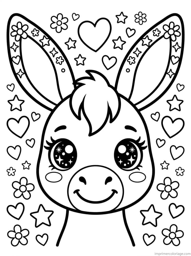 coloriage ane kawaii visage oreilles - dessin gratuit &agrave; imprimer