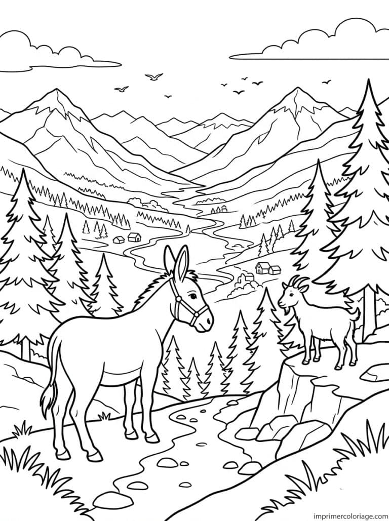coloriage ane montagne vallee chevre - dessin gratuit &agrave; imprimer