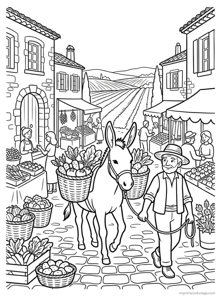 coloriage ane paniers village marche - dessin gratuit &agrave; imprimer