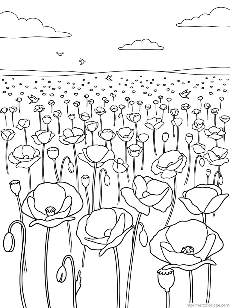 coloriage coquelicot champ horizon oiseaux à imprimer coloriage coquelicot champ horizon oiseaux - dessin gratuit à imprimer