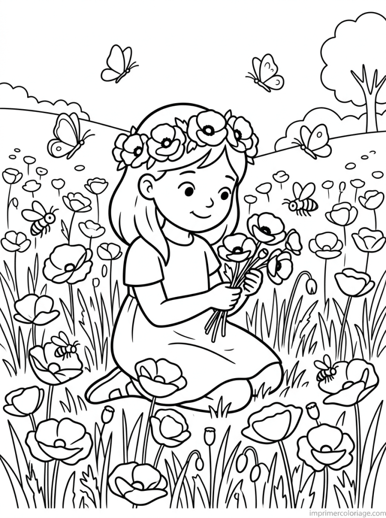 coloriage coquelicot fille champ papillons à imprimer coloriage coquelicot fille champ papillons - dessin gratuit à imprimer