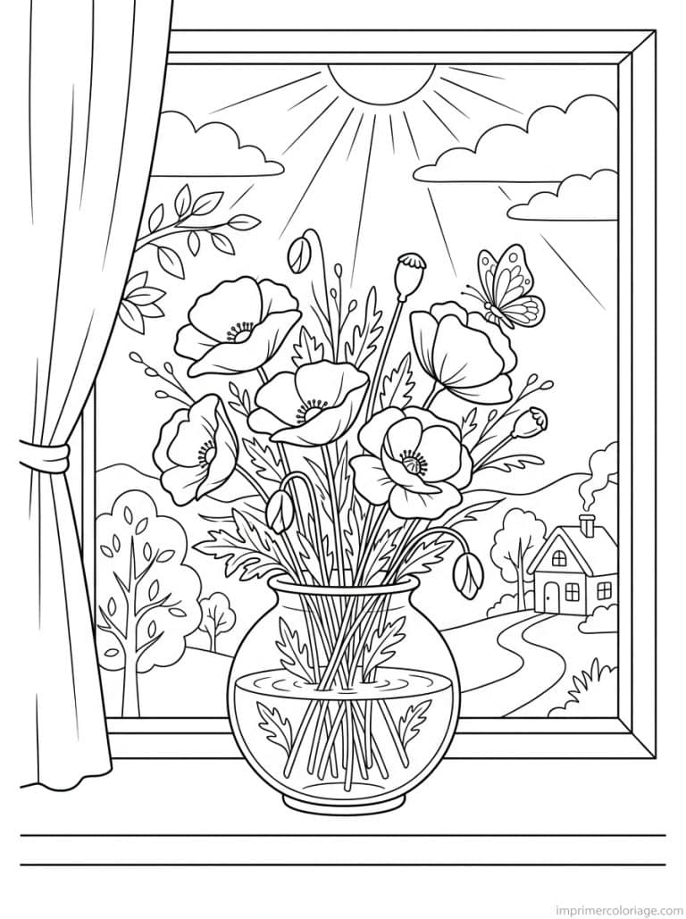 coloriage coquelicot vase fenetre papillon à imprimer coloriage coquelicot vase fenetre papillon - dessin gratuit à imprimer