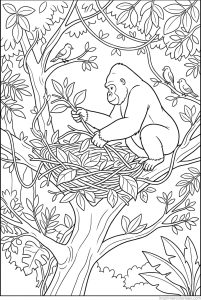coloriage gorille construit nid arbre - dessin gratuit à imprimer