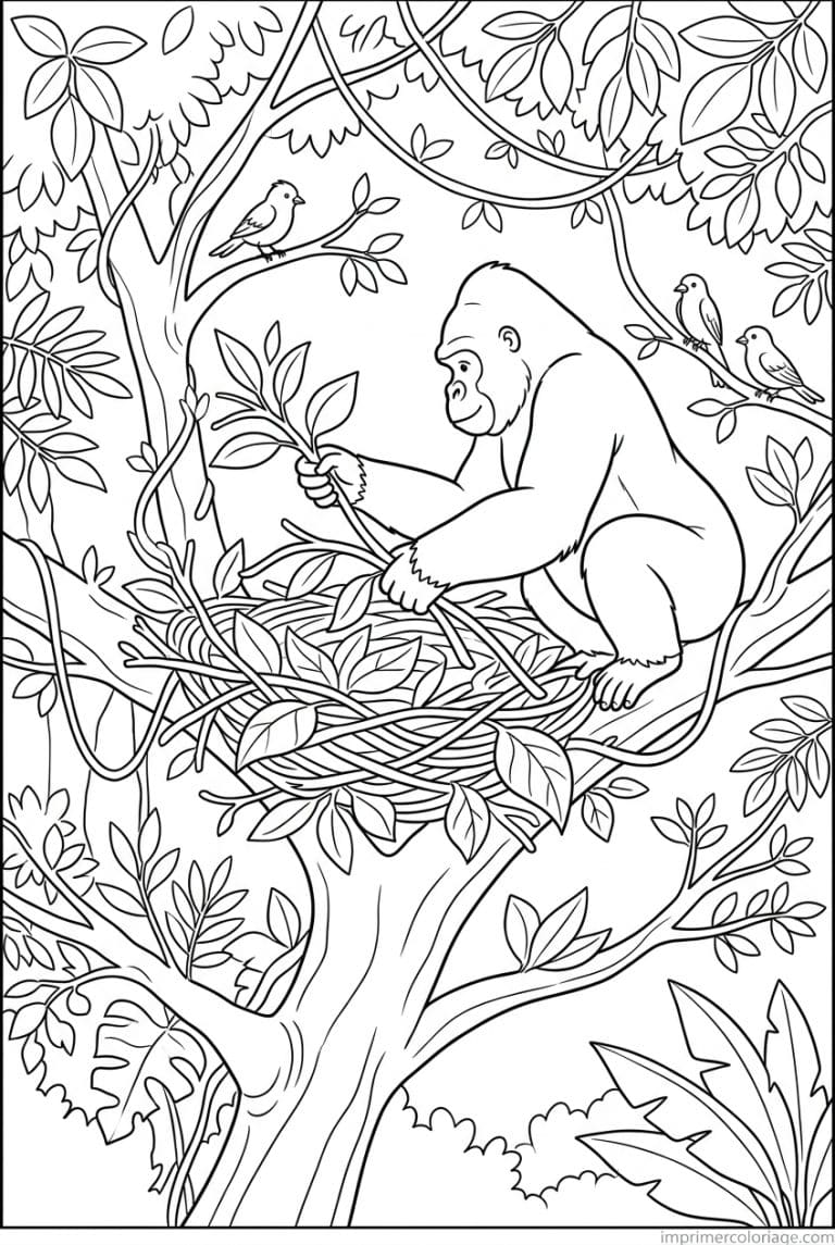 coloriage gorille construit nid arbre - dessin gratuit &agrave; imprimer