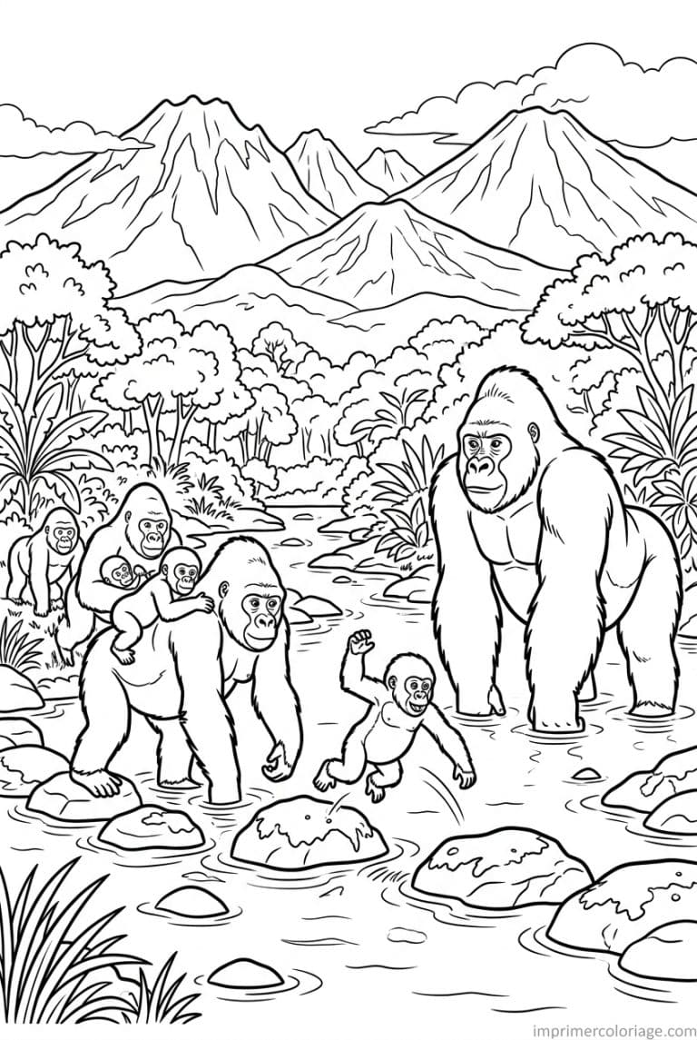 coloriage gorille famille volcan ruisseau - dessin gratuit &agrave; imprimer