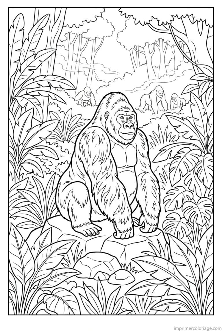 coloriage gorille foret brume montagne - dessin gratuit &agrave; imprimer