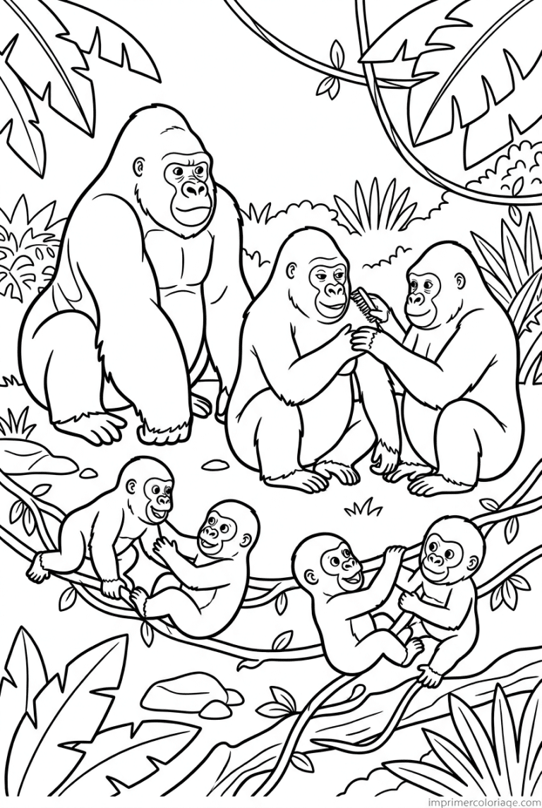 coloriage gorille groupe famille - dessin gratuit &agrave; imprimer