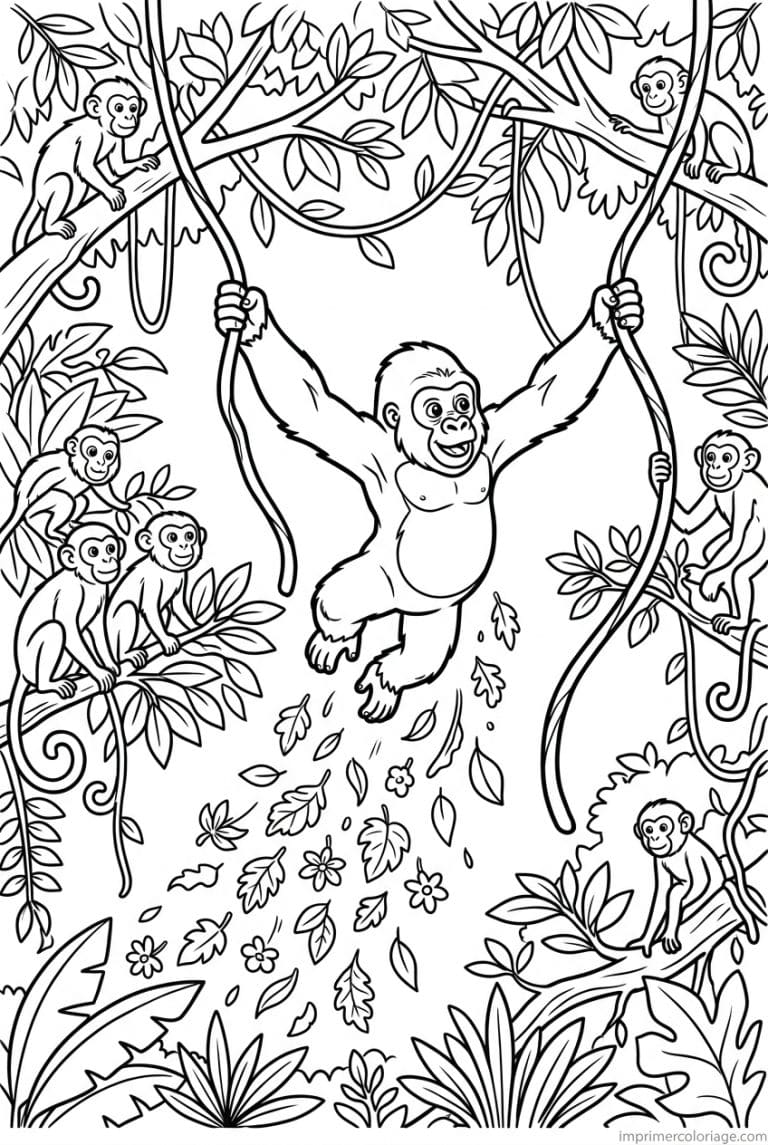 coloriage gorille jeune liane canopee - dessin gratuit &agrave; imprimer