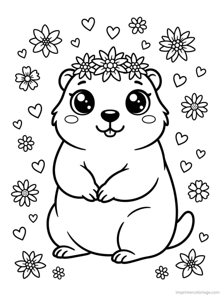 coloriage marmotte cute edelweiss coeurs - dessin gratuit &agrave; imprimer