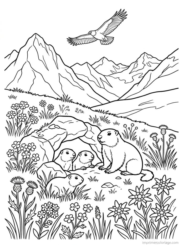 coloriage marmotte famille terrier alpes - dessin gratuit &agrave; imprimer