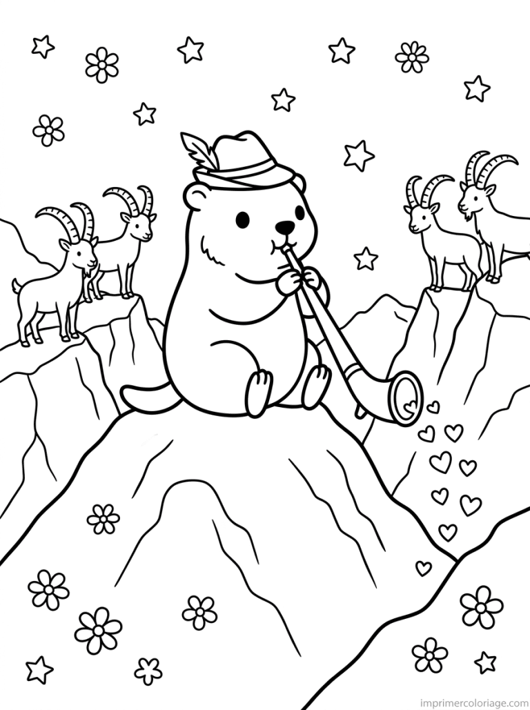 coloriage marmotte kawaii cor alpes sommet - dessin gratuit &agrave; imprimer