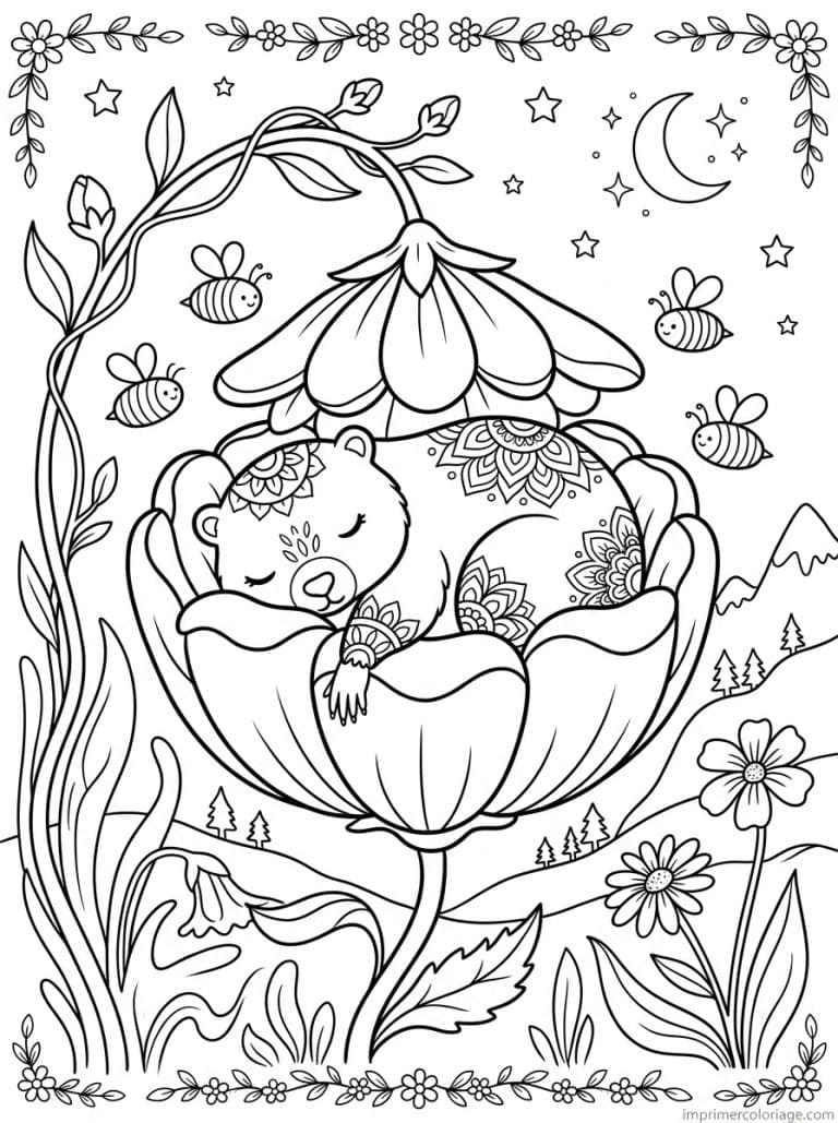 coloriage marmotte kawaii fleur hamac - dessin gratuit &agrave; imprimer