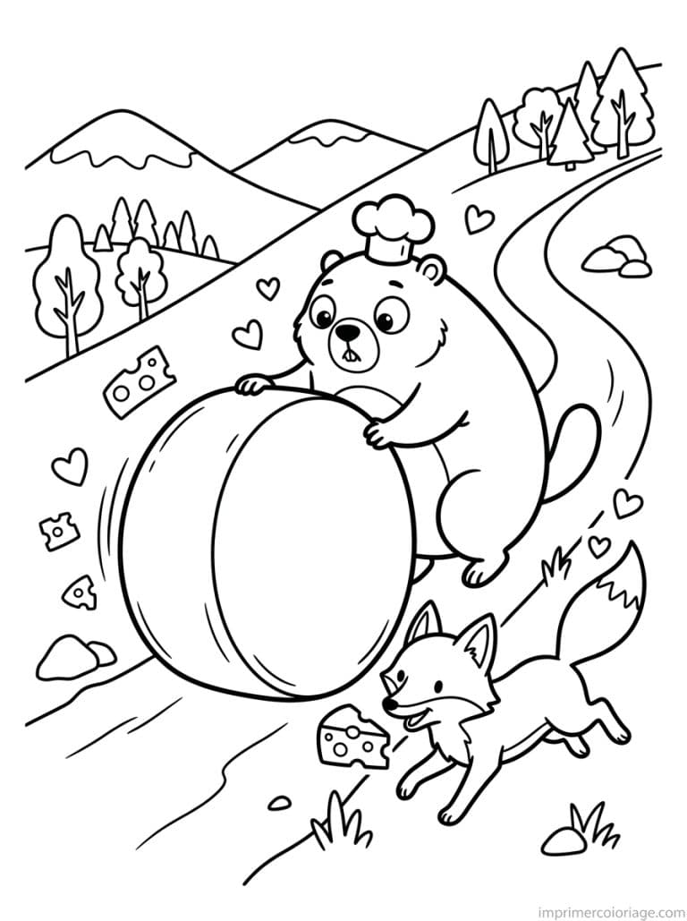 coloriage marmotte kawaii fromage pente - dessin gratuit &agrave; imprimer