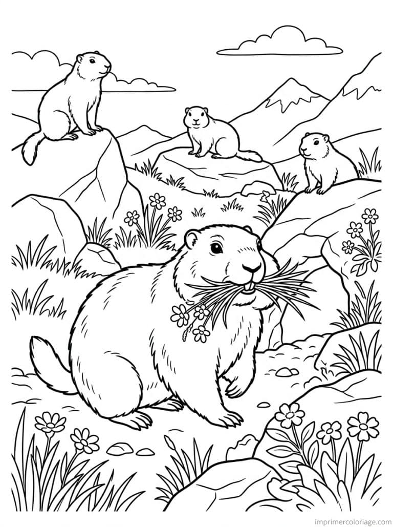 coloriage marmotte recolte herbe terrier - dessin gratuit &agrave; imprimer