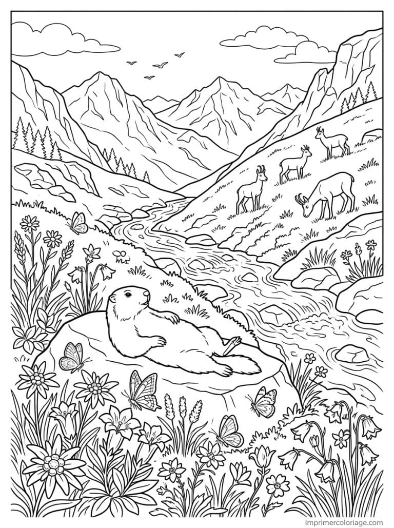 coloriage marmotte soleil rocher chamois - dessin gratuit &agrave; imprimer