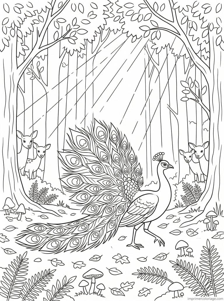coloriage paon foret - dessin gratuit &agrave; imprimer