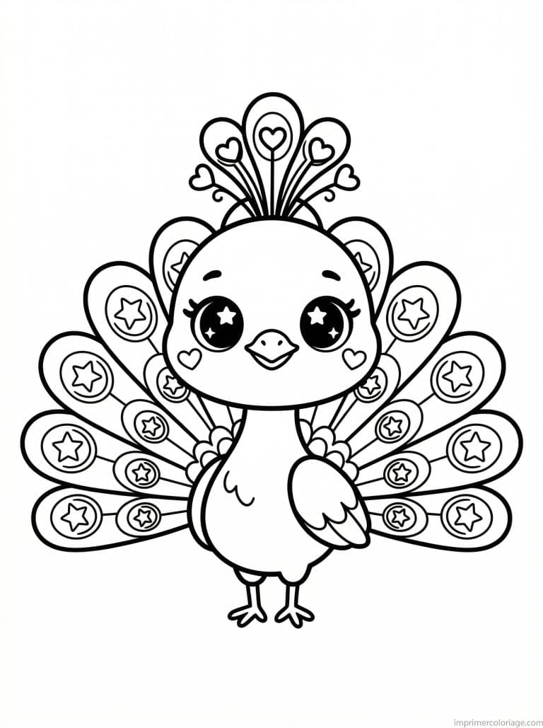 coloriage paon kawaii - dessin gratuit &agrave; imprimer