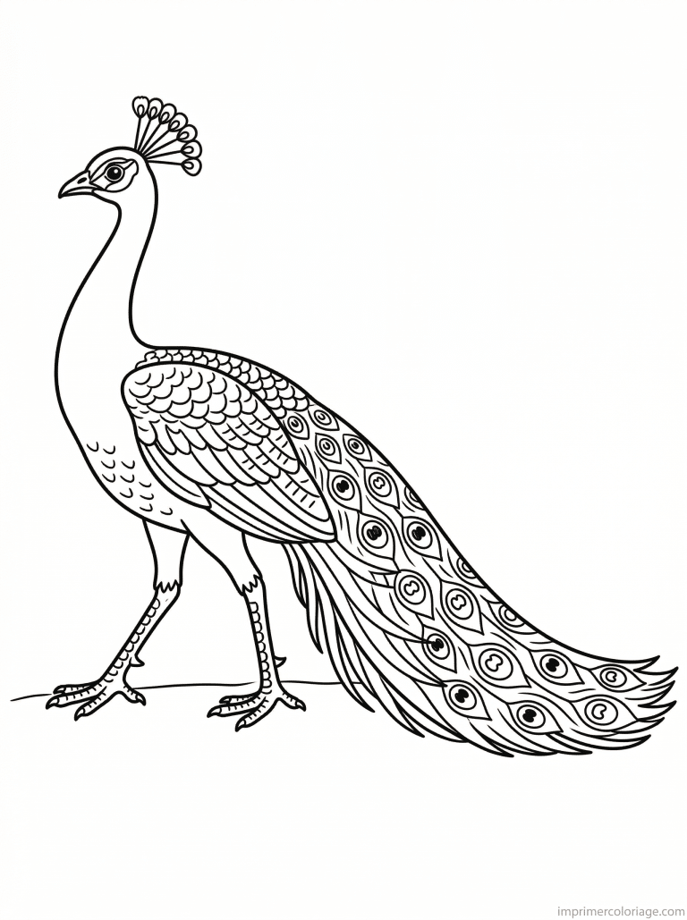 coloriage paon marche elegant - dessin gratuit &agrave; imprimer