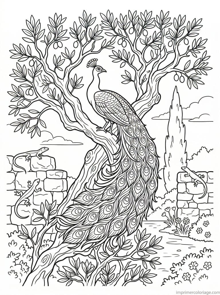 coloriage paon olivier - dessin gratuit &agrave; imprimer