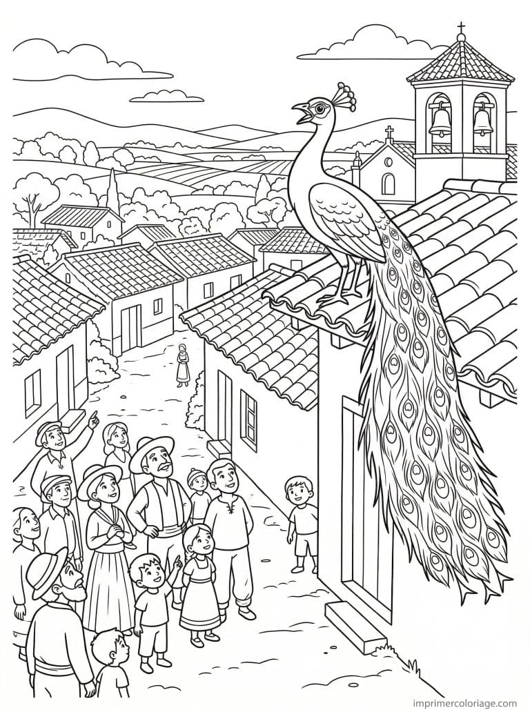 coloriage paon toit - dessin gratuit &agrave; imprimer