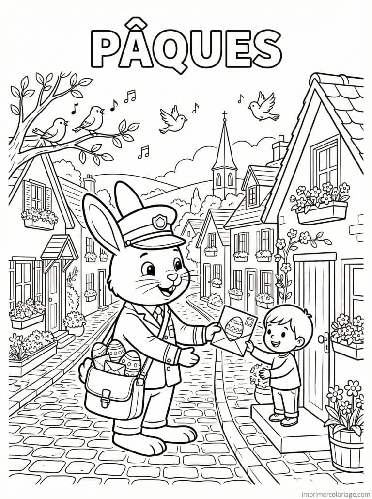 coloriage paques cp lapin facteur village 3 à imprimer coloriage paques cp lapin facteur village 3 - dessin gratuit à imprimer