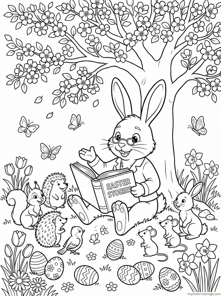 coloriage paques gs lapin livre arbre fleurs à imprimer coloriage paques gs lapin livre arbre fleurs - dessin gratuit à imprimer