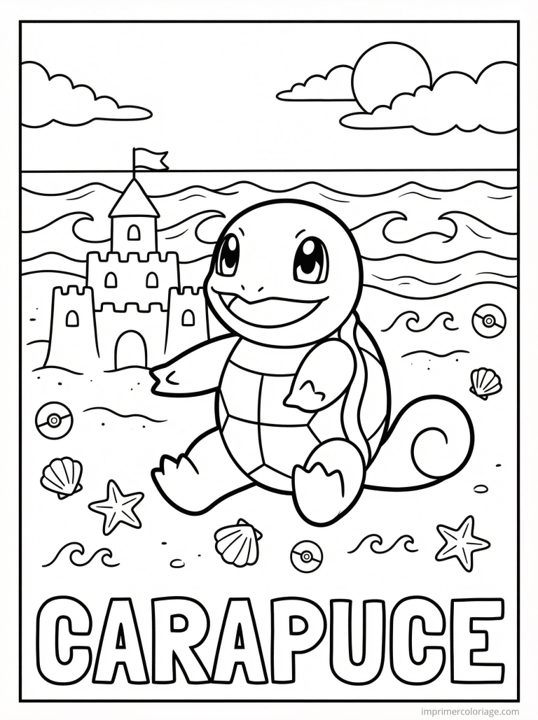 coloriage pokemon carapuce plage chateau sable - dessin gratuit &agrave; imprimer