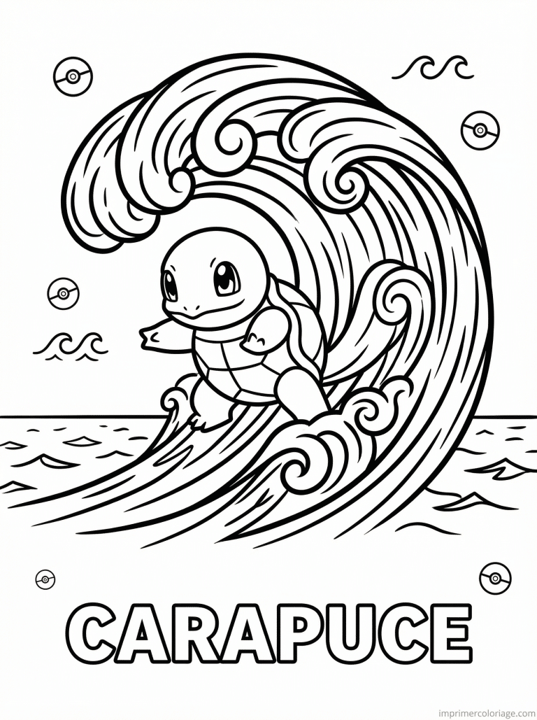 coloriage pokemon carapuce surf vague - dessin gratuit &agrave; imprimer