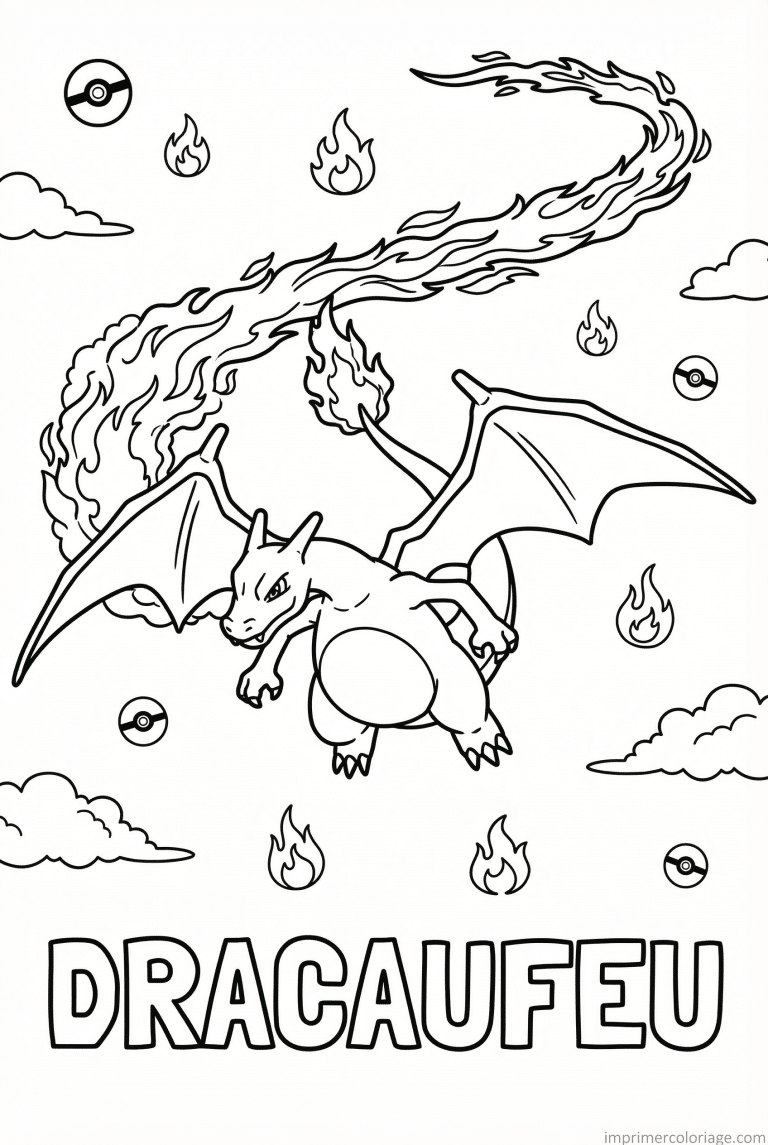 coloriage pokemon dracaufeu vol en feu - dessin gratuit &agrave; imprimer