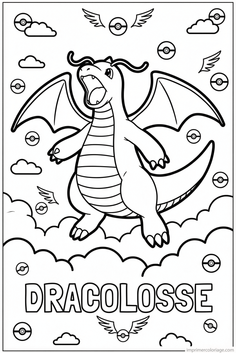 coloriage pokemon dracolosse vol au dessus nuages - dessin gratuit &agrave; imprimer