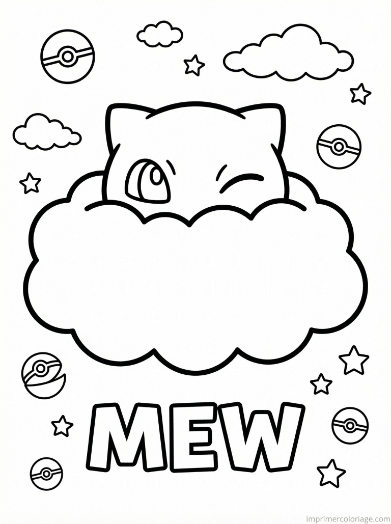coloriage pokemon mew cache derriere nuage sans les yeux bleus - dessin gratuit &agrave; imprimer