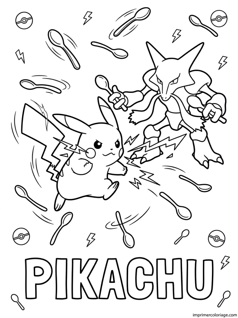 coloriage pokemon pikachu combat alakazam - dessin gratuit &agrave; imprimer