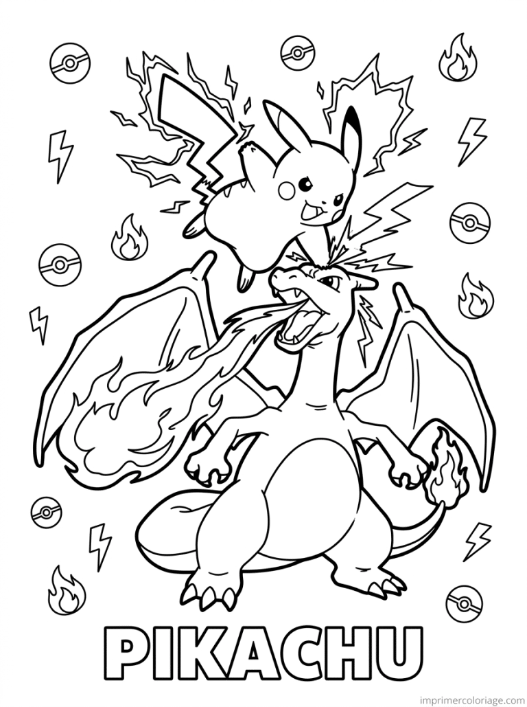 coloriage pokemon pikachu combat dracaufeu - dessin gratuit &agrave; imprimer