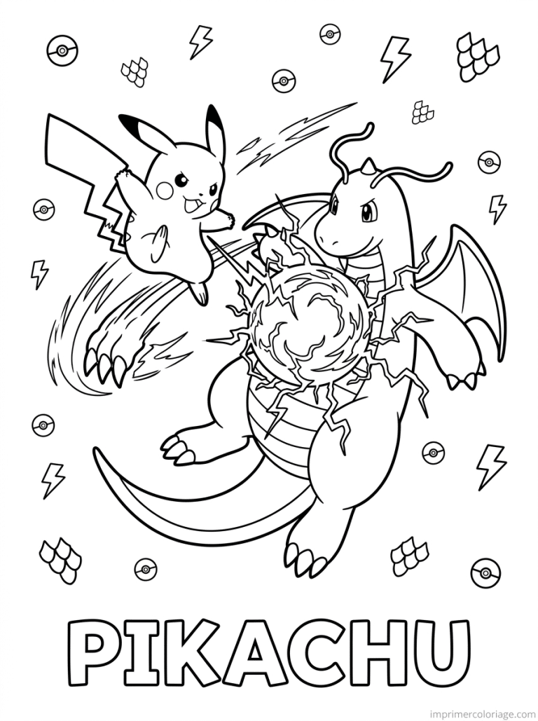 coloriage pokemon pikachu combat dracolosse - dessin gratuit &agrave; imprimer
