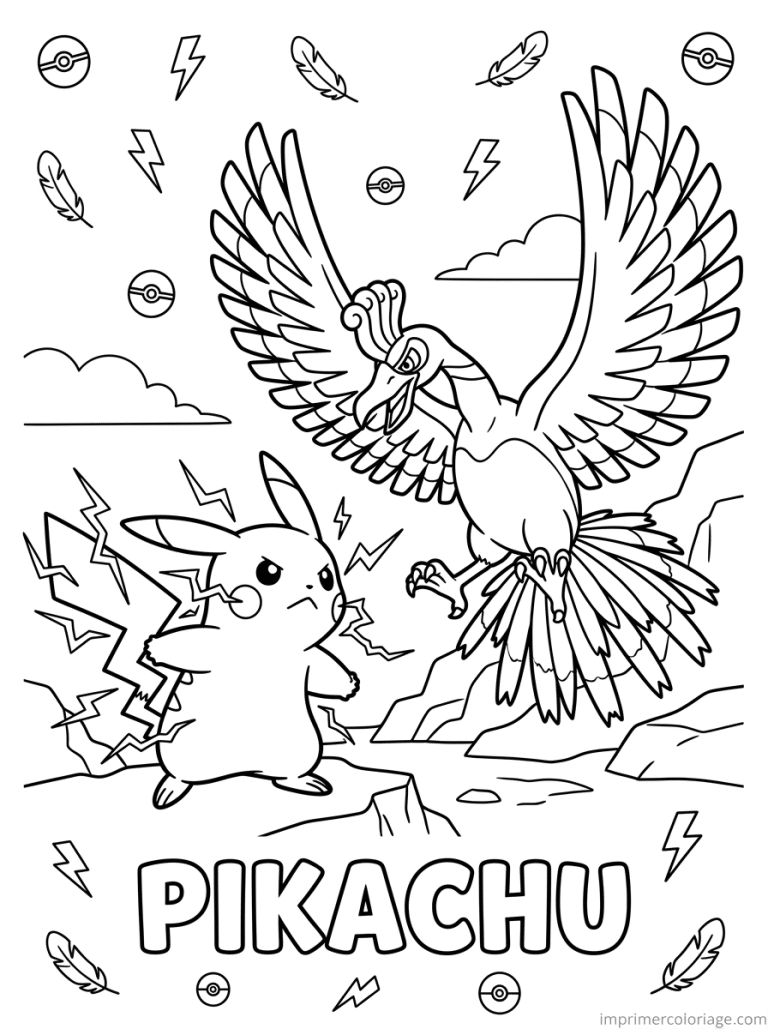 coloriage pokemon pikachu combat ho oh - dessin gratuit &agrave; imprimer