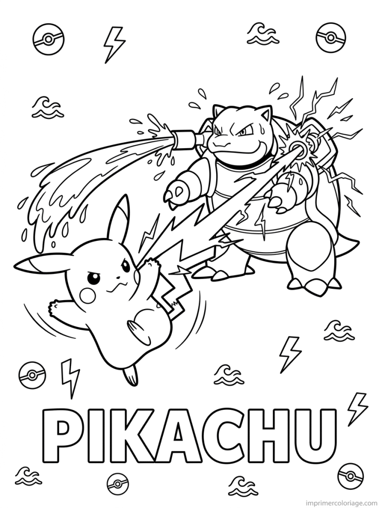 coloriage pokemon pikachu combat tortank - dessin gratuit &agrave; imprimer