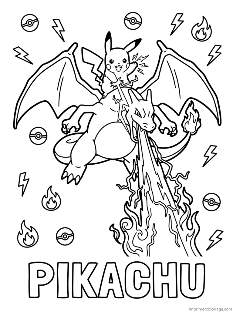 coloriage pokemon pikachu duo attaque dracaufeu - dessin gratuit &agrave; imprimer