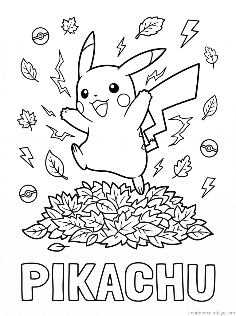 coloriage pokemon pikachu feuilles automne - dessin gratuit &agrave; imprimer