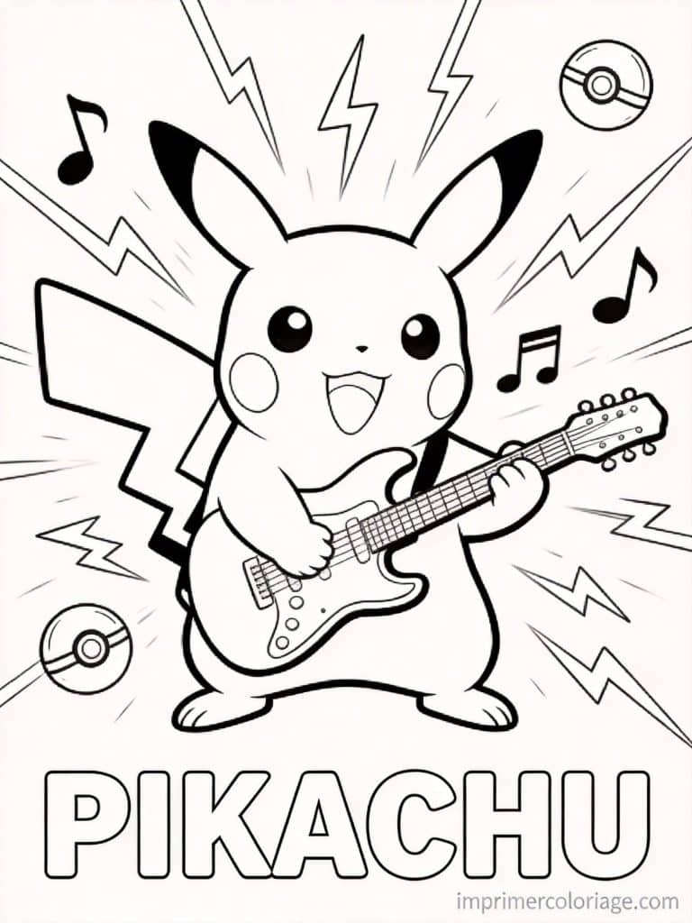 coloriage pokemon pikachu guitare electrique - dessin gratuit &agrave; imprimer
