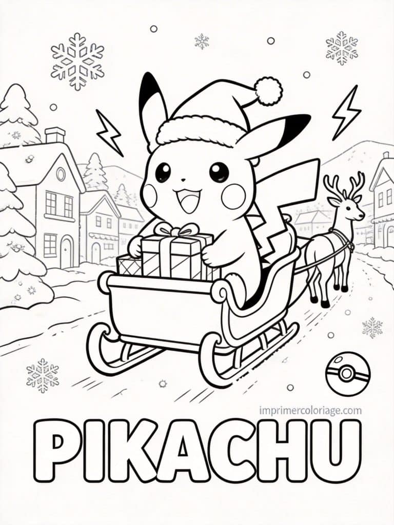 coloriage pokemon pikachu noel traineau - dessin gratuit &agrave; imprimer