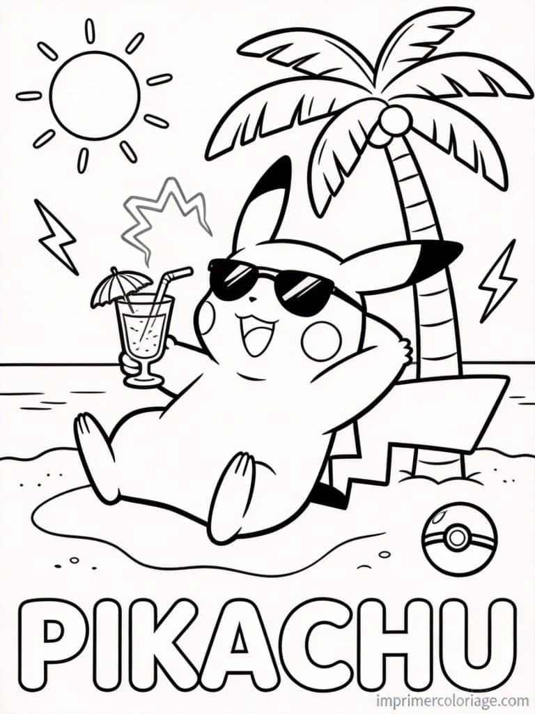 coloriage pokemon pikachu plage vacances - dessin gratuit &agrave; imprimer